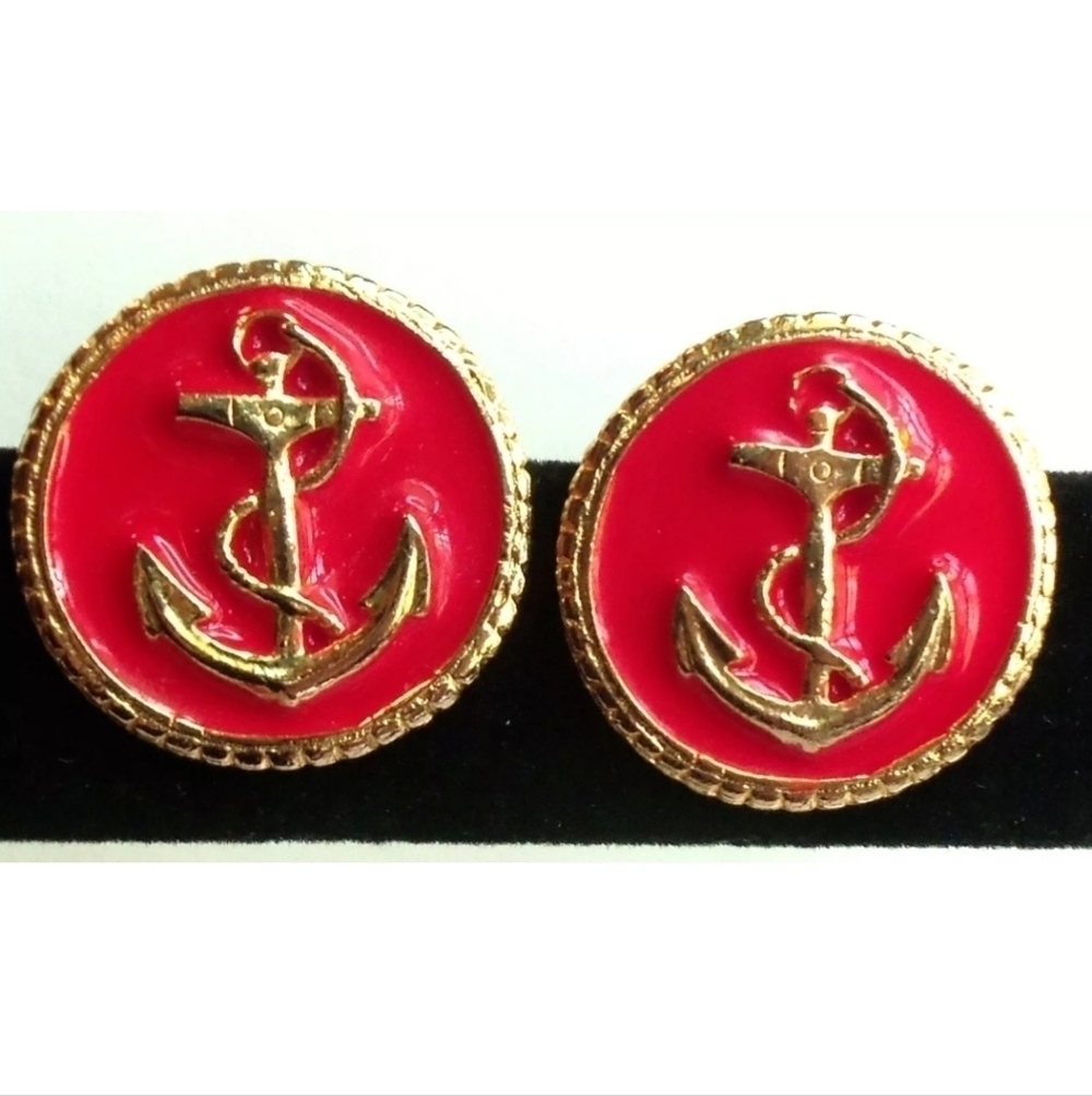 Vintage Red & Gold Enamel Nautical Anchor Pierced Earrings